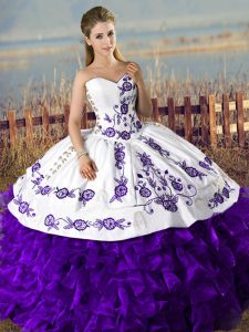 Suitable White And Purple Sweetheart Neckline Embroidery and Ruffles Sweet 16 Quinceanera Dress Sleeveless Lace Up