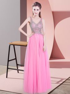 Custom Design Rose Pink Empire V-neck Sleeveless Tulle Floor Length Zipper Beading Homecoming Dress