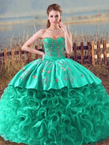 Flare Brush Train Ball Gowns Vestidos de Quinceanera Turquoise Sweetheart Fabric With Rolling Flowers Sleeveless Lace Up