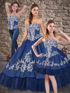 Romantic Royal Blue Taffeta Lace Up Strapless Sleeveless Floor Length Ball Gown Prom Dress Appliques