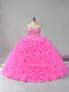 Fabric With Rolling Flowers Sweetheart Sleeveless Lace Up Beading and Ruffles Quince Ball Gowns in Hot Pink