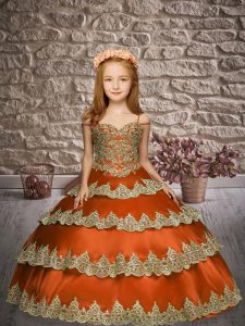 Superior Floor Length Rust Red Kids Formal Wear Satin Sleeveless Appliques and Ruffled Layers
