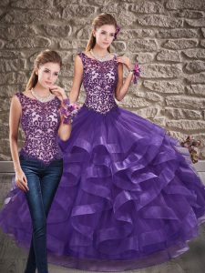 Fitting Purple Sleeveless Floor Length Beading and Ruffles Lace Up Quinceanera Dress