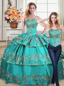 On Sale Floor Length Aqua Blue 15 Quinceanera Dress Organza Sleeveless Embroidery and Ruffled Layers
