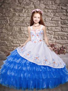 Blue And White Straps Lace Up Embroidery and Ruffled Layers Little Girl Pageant Dress Sleeveless