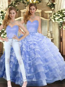 Floor Length Lavender Quince Ball Gowns Organza Sleeveless Ruffled Layers