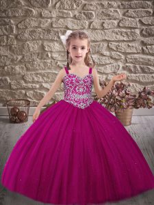 Sweep Train Ball Gowns Pageant Gowns For Girls Fuchsia Straps Tulle Sleeveless Lace Up