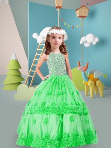 Enchanting Green Ball Gowns Tulle Scoop Sleeveless Beading and Hand Made Flower Floor Length Zipper Little Girl Pageant 