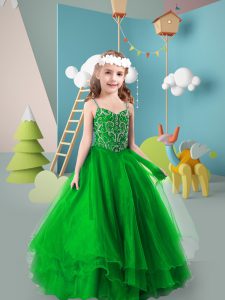 Sweet Green Sleeveless Floor Length Beading and Ruffled Layers Zipper Little Girls Pageant Dress