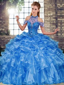 Blue Sweet 16 Dresses Military Ball and Sweet 16 and Quinceanera with Beading and Ruffles Halter Top Sleeveless Lace Up