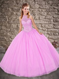 Suitable Sleeveless Tulle Floor Length Lace Up Quince Ball Gowns in Lilac with Beading