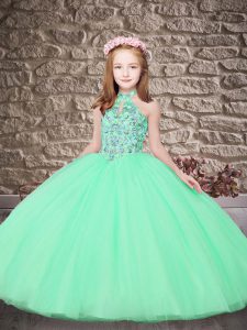 Apple Green Halter Top Neckline Embroidery Kids Pageant Dress Sleeveless Lace Up