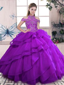 Artistic Purple Ball Gowns Organza High-neck Sleeveless Beading and Ruffles Floor Length Lace Up Sweet 16 Quinceanera Dr