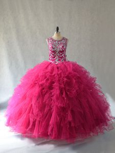 Hot Pink Tulle Lace Up Scoop Sleeveless Quinceanera Gown Beading