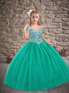High Class Turquoise Child Pageant Dress Wedding Party with Beading Off The Shoulder Sleeveless Lace Up
