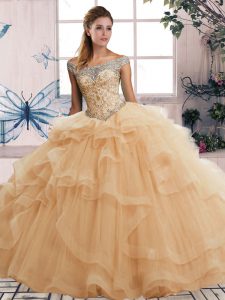 Affordable Tulle Sleeveless Floor Length Sweet 16 Quinceanera Dress and Beading and Ruffles