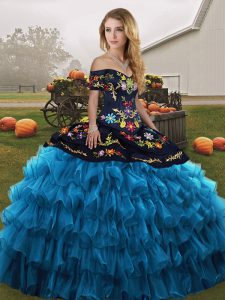 Deluxe Blue And Black Sleeveless Embroidery and Ruffled Layers Floor Length Quinceanera Gown