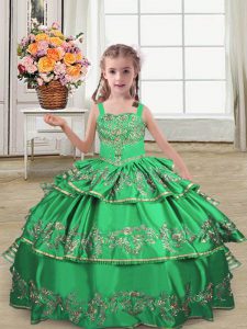 Ball Gowns Kids Pageant Dress Green Straps Satin Sleeveless Floor Length Lace Up
