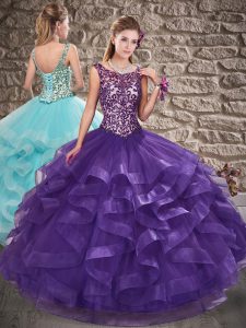 Admirable Beading and Ruffles 15th Birthday Dress Purple Lace Up Sleeveless Floor Length