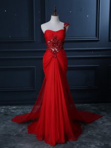 Artistic Red Homecoming Dress Prom and Party and Military Ball with Beading and Lace and Appliques One Shoulder Sleevele