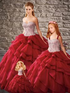 Perfect Sleeveless Organza Floor Length Lace Up 15th Birthday Dress in Wine Red with Beading and Ruffled Layers