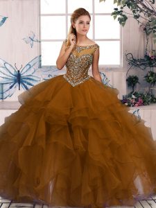 High End Sleeveless Organza Floor Length Zipper Sweet 16 Dresses in Brown with Beading and Ruffles