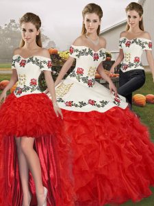 On Sale Organza Off The Shoulder Sleeveless Lace Up Embroidery and Ruffles Ball Gown Prom Dress in White And Red