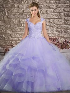 Lace Up Quinceanera Gowns Lavender for Military Ball and Sweet 16 and Quinceanera with Lace and Ruffles Brush Train