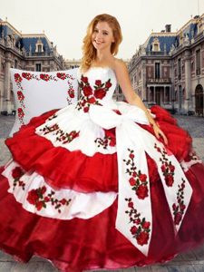 Dynamic White And Red Strapless Lace Up Embroidery and Ruffled Layers and Bowknot Quinceanera Gown Sleeveless
