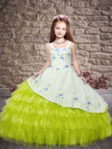 Multi-color Ball Gowns Organza Straps Sleeveless Embroidery and Ruffled Layers Floor Length Lace Up Little Girls Pageant
