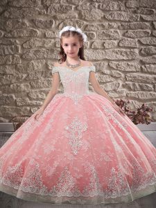 Off The Shoulder Sleeveless Lace Little Girls Pageant Dress Wholesale Beading and Appliques Sweep Train Lace Up