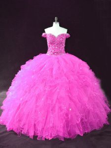Off The Shoulder Sleeveless Lace Up Sweet 16 Quinceanera Dress Fuchsia Tulle