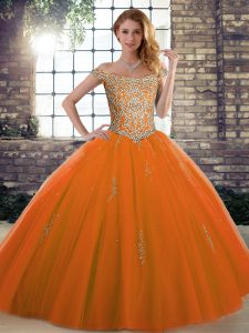 Customized Orange Red Ball Gowns Beading Quinceanera Gowns Lace Up Tulle Sleeveless Floor Length