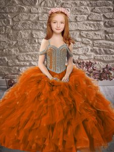 Exquisite Rust Red Ball Gowns Off The Shoulder Sleeveless Tulle Floor Length Lace Up Beading and Ruffles Pageant Gowns F