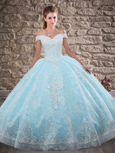 Affordable Beading and Appliques Ball Gown Prom Dress Aqua Blue Lace Up Sleeveless Brush Train