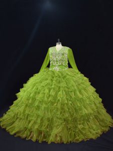 Best Long Sleeves Organza Floor Length Lace Up Quinceanera Dress in Olive Green with Ruffled Layers