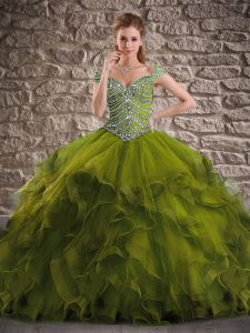 Olive Green Cap Sleeves Brush Train Beading and Ruffles Sweet 16 Quinceanera Dress