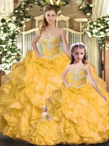 Floor Length Lace Up 15 Quinceanera Dress Gold for Sweet 16 and Quinceanera with Beading and Ruffles