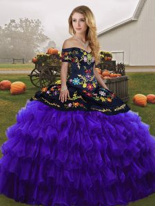 Best Selling Black And Purple Sleeveless Embroidery and Ruffled Layers Floor Length Quinceanera Gown