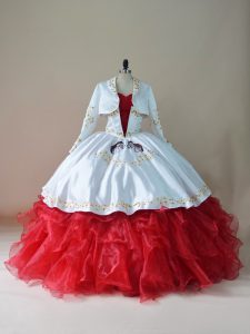 Sophisticated Ball Gowns 15 Quinceanera Dress White And Red Sweetheart Organza Sleeveless Floor Length Lace Up