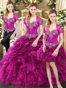 Lovely Beading and Ruffles and Pick Ups Sweet 16 Dresses Fuchsia Lace Up Sleeveless Floor Length