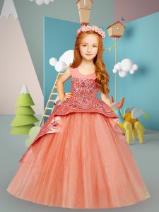 Sleeveless Beading and Embroidery Lace Up Girls Pageant Dresses with Peach Brush Train