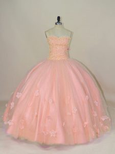 Pink Sleeveless Floor Length Hand Made Flower Lace Up Sweet 16 Quinceanera Dress