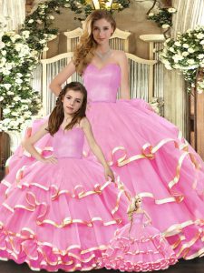 Super Floor Length Rose Pink Sweet 16 Dresses Sweetheart Sleeveless Lace Up