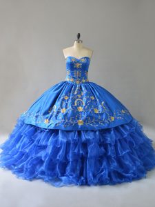Adorable Royal Blue Ball Gowns Sweetheart Sleeveless Satin Floor Length Lace Up Embroidery and Ruffles Quinceanera Gowns