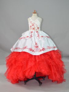 New Arrival Sleeveless Beading and Embroidery and Ruffles Lace Up Kids Pageant Dress with White And Red Sweep Train