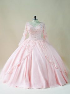 Gorgeous Baby Pink V-neck Neckline Beading and Appliques Sweet 16 Dress Long Sleeves Lace Up