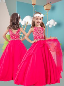 Sleeveless Floor Length Beading Zipper Pageant Gowns For Girls with Hot Pink