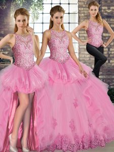 Clearance Rose Pink Lace Up Quinceanera Dress Lace and Embroidery and Ruffles Sleeveless Floor Length