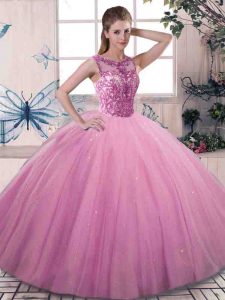 Exquisite Rose Pink Scoop Lace Up Beading Quinceanera Gowns Sleeveless